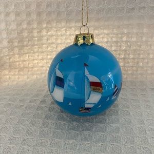 Reverse Painted Blue Glass Sailboat Christmas Ornament